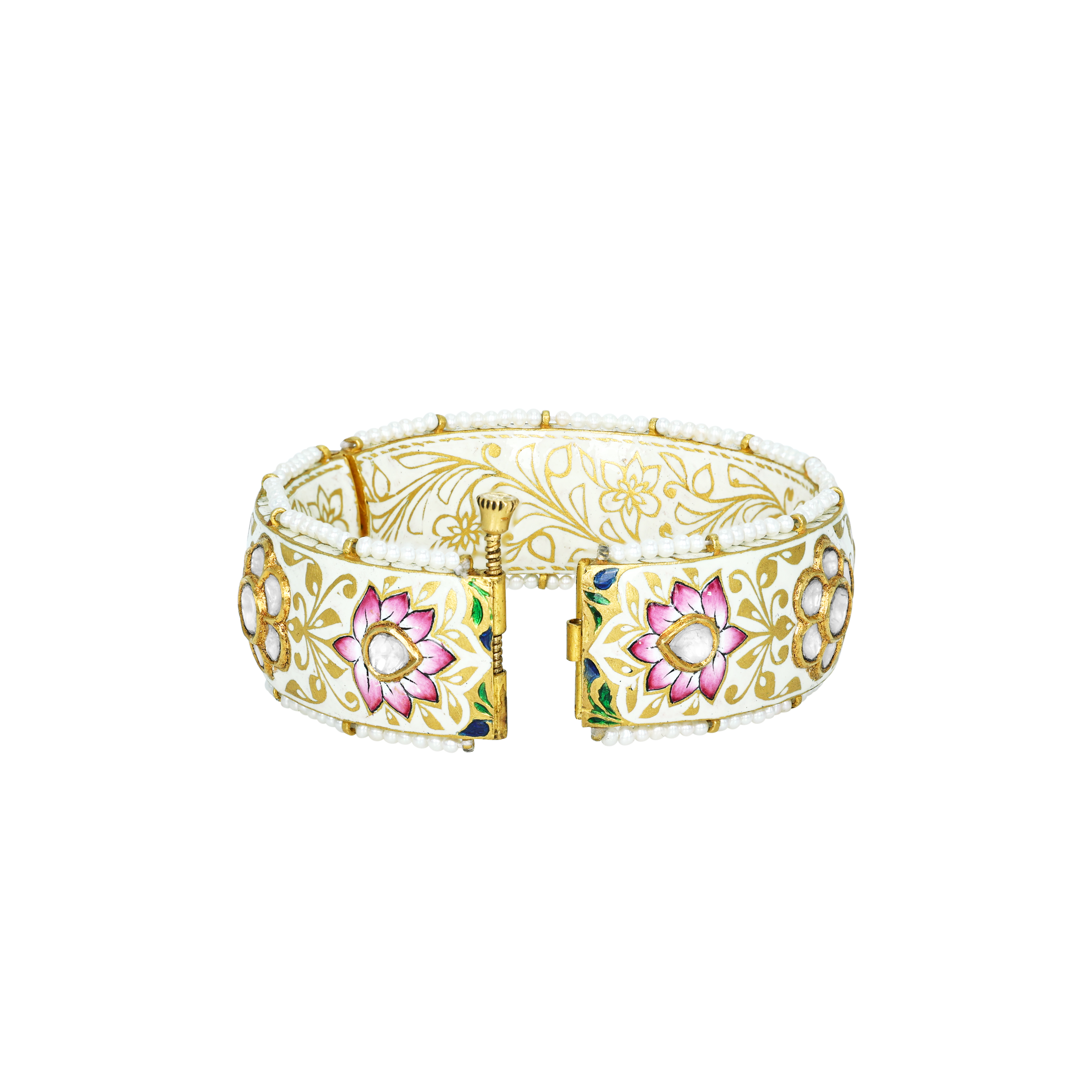 Pink Lotus Enamel Bangle with Polki and Pearl Edges